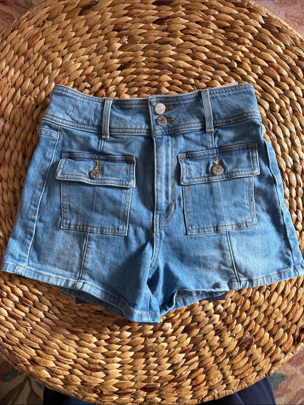 Veronica Beard Abigail Light Blue Denim High-Rise Shorts with Front Flap Pockets